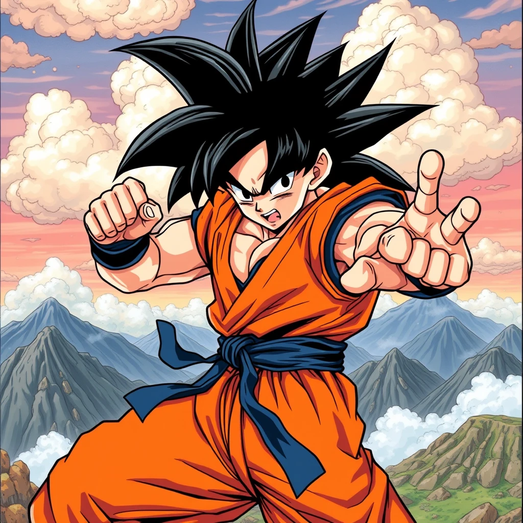 Full-body detailed illustration of Son Goku, showcasing his iconic spiky black hair and orange gi, in a dynamic fighting pose. The artwork should capture the vibrant colors and energetic lines typical of Dragon Ball anime art style, emphasizing his muscular physique and determined expression. The background should feature a dramatic landscape with mountains and clouds, enhancing the action-packed feel of the scene. Ensure the overall quality is high, with intricate details that highlight Goku's features and attire.