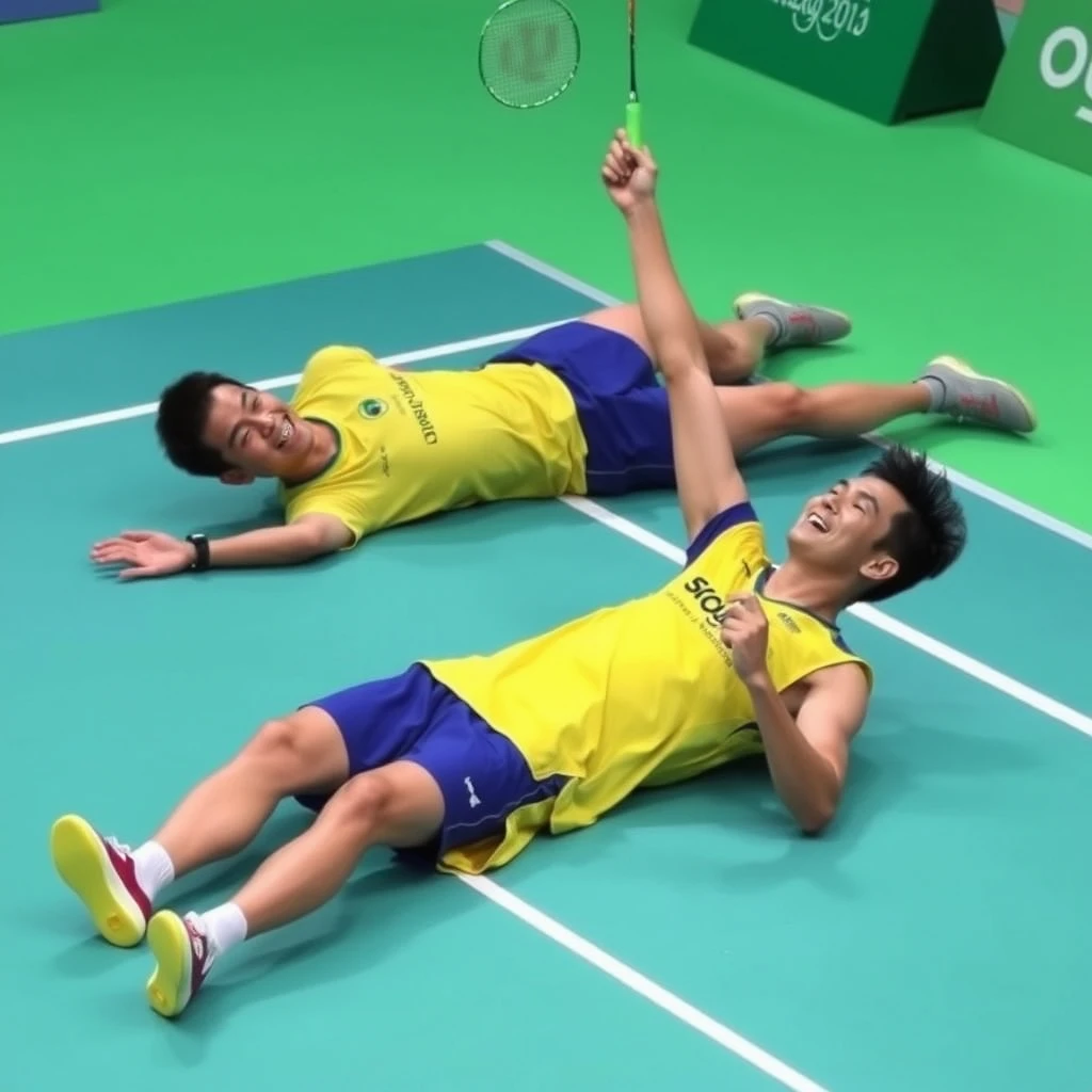 The moment a Taiwanese man wins in Olympic badminton doubles, one is lying on the court, and the other is happily lying on the court, wearing a yellow jersey.