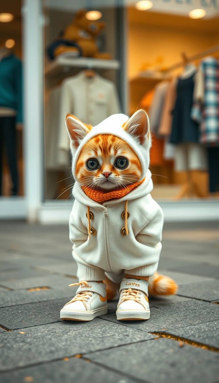 The little cat is dressed in fashionable clothing, looking adorably cute while wearing sneakers on the street. The style aligns with Siegel's visual aesthetic, being stylish and exquisite, with a beautiful scene and delicate texture, featuring white and amber colors. The background is a trendy children's clothing store, with a camera depth of field effect.