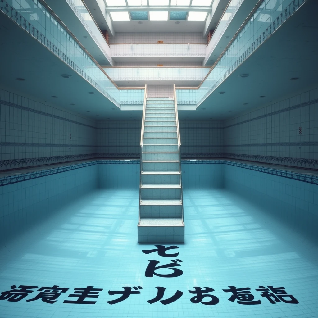 There is a strange swimming pool with steps extending from the sixth floor down to the pool and to the bottom of the water. There are Chinese letters or Japanese letters. - Image