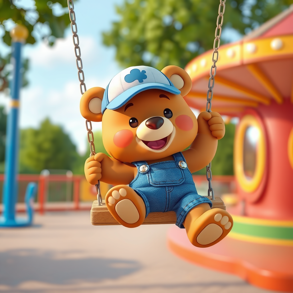 Cute cartoon bear, dressed in denim overalls and a baseball cap, swinging on a swing in an amusement park. The picture conveys joy and fun. 3D cartoon style. - Image