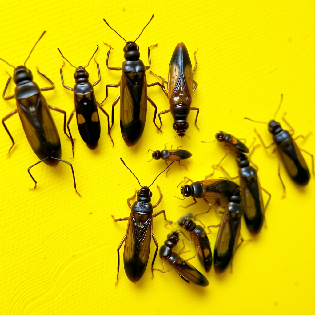 Some insects in a small queue, yellow background, realistic photograph. - Image