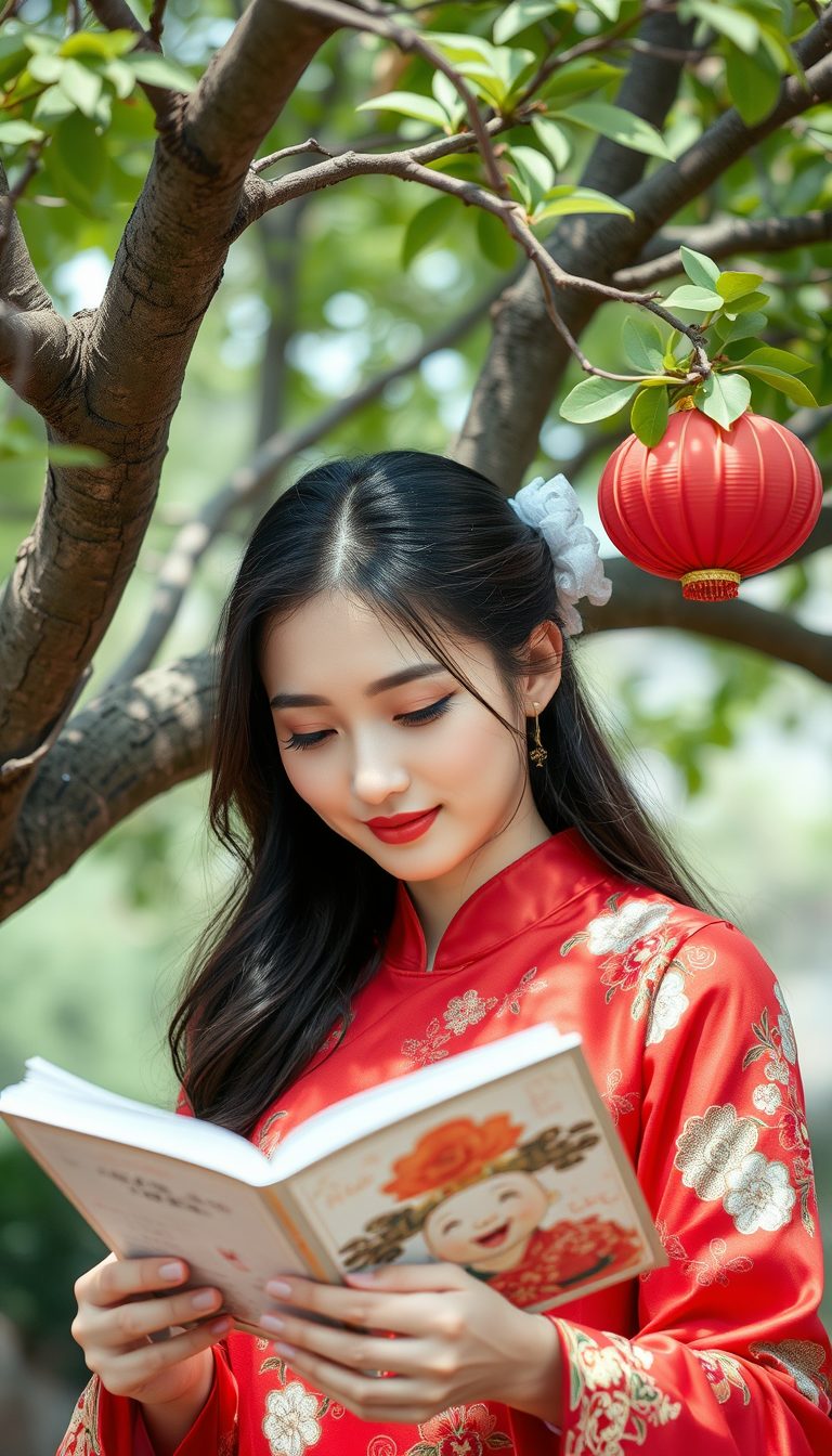 A Chinese beauty is reading under a tree.