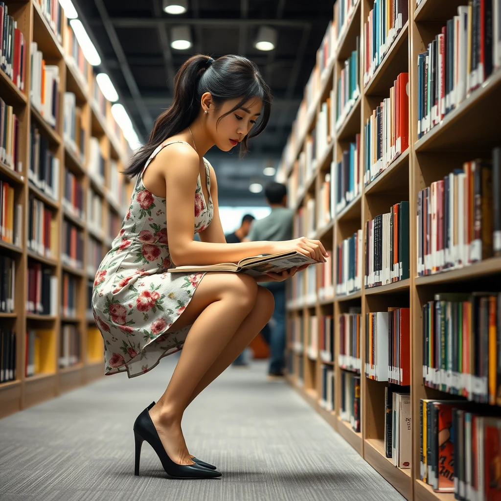 A young Japanese woman wearing a floral dress and black high heels, with very fair skin, is searching for books in the library. She is crouching down to find a book. There are many people in the library.