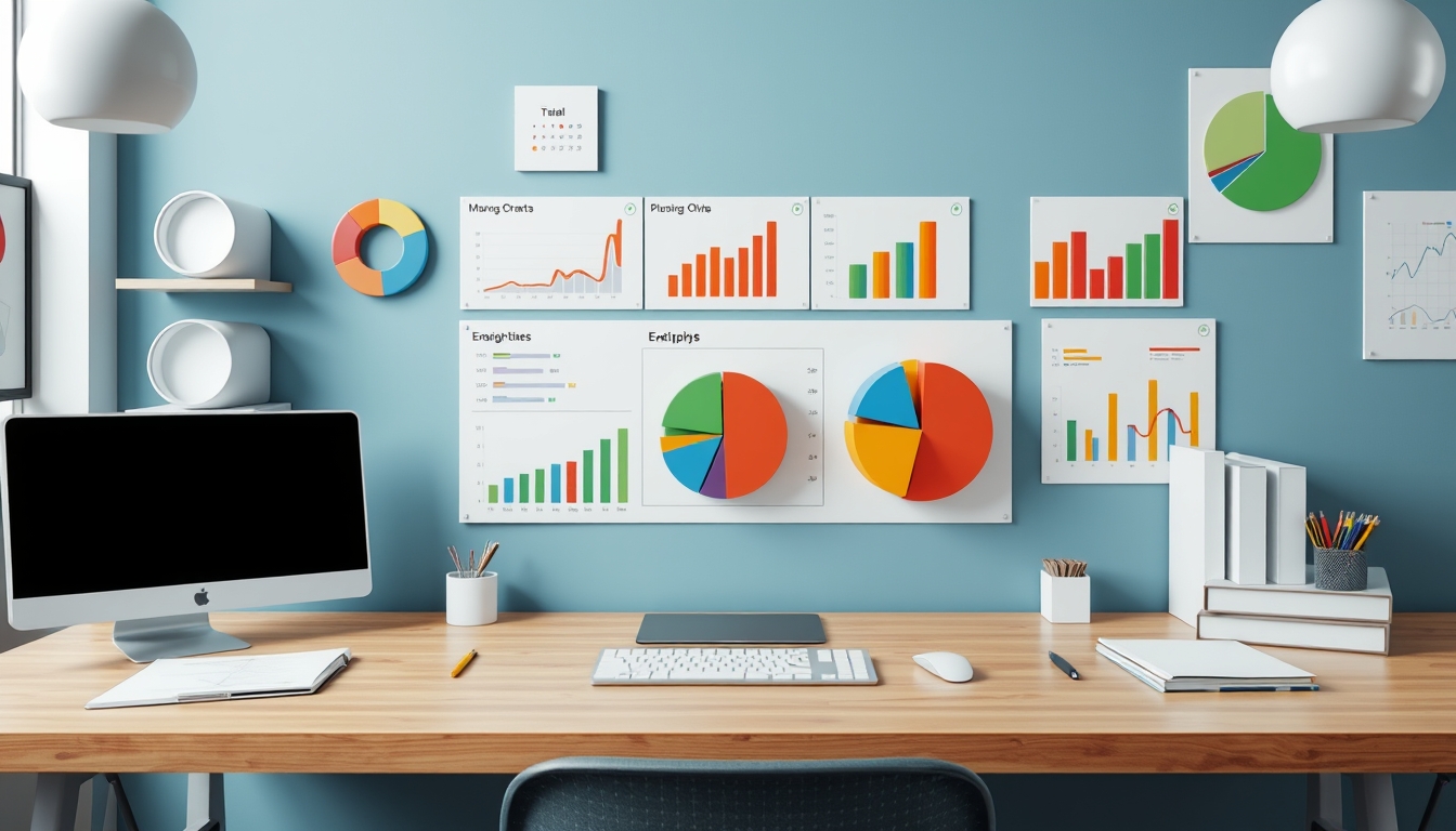 Organized Workspace with 3D Pie Charts and Graphs, Ideal for Business Presentations, Copy Space Available