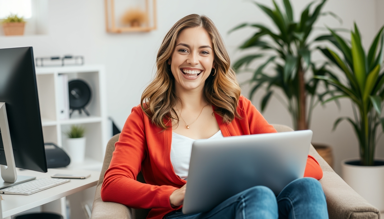 Photo of a lovely, excited, glad woman software developer sitting in an armchair at a comfortable workspace indoors.