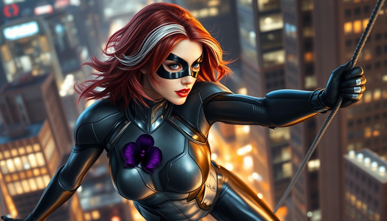 I had an AI generate an image of a superhero, and I think the results are pretty cool! It's a picture of a redheaded superheroine with a grey streak in her hair. She's wearing a black and silver metallic spandex outfit with a black orchid embedded on her chest plate. She's swinging through the city at night in a dynamic fashion. The details are impressive, and the overall effect is both eye-catching and realistic. I think she would make a great superhero in a comic book or movie! anatomically correct, black and purple mask only over the eyes.