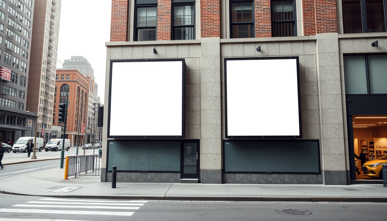 Conceptual mockup displaying two unmarked billboards on a building facade in an urban area, emphasizing the scope for advertising.