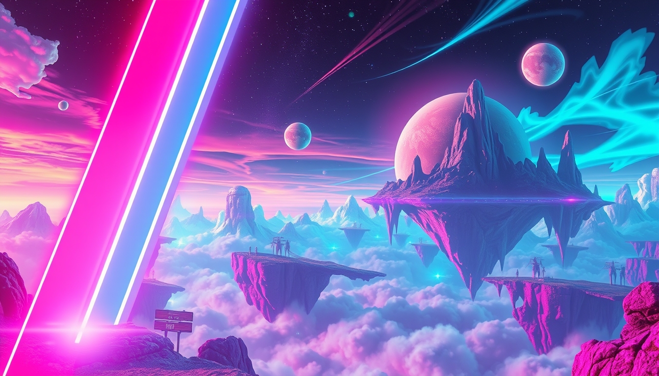 Surreal abstract landscape with neon lights, vibrant colors, and floating islands in a futuristic sky. - Image