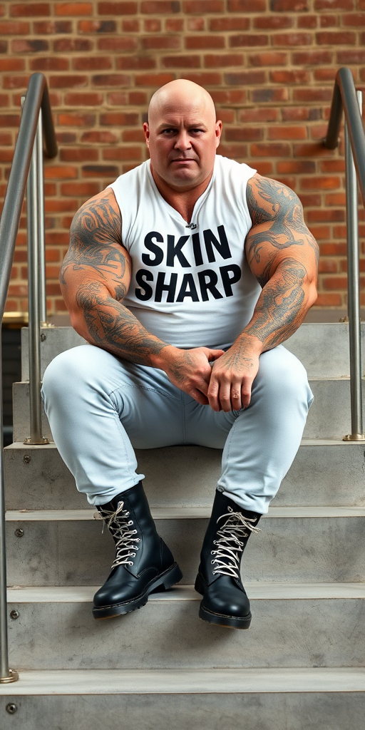 Prompt: a portrait-style photograph featuring an extremely huge 50-year-old muscular, beefy, handsome male skinhead bodybuilder sitting on a set of concrete stairs. He has a bald head, light skin, and is wearing a white t-shirt with the words "SKIN SHARP" on it. His enormous muscular arms are heavily tattooed with intricate designs. He is also wearing tight bleached denim trousers that highlight his huge, muscular legs and black knee-high Dr. Martens boots with white laces. The background consists of a brick wall and metal handrails on either side of the stairs. The overall setting appears to be industrial.