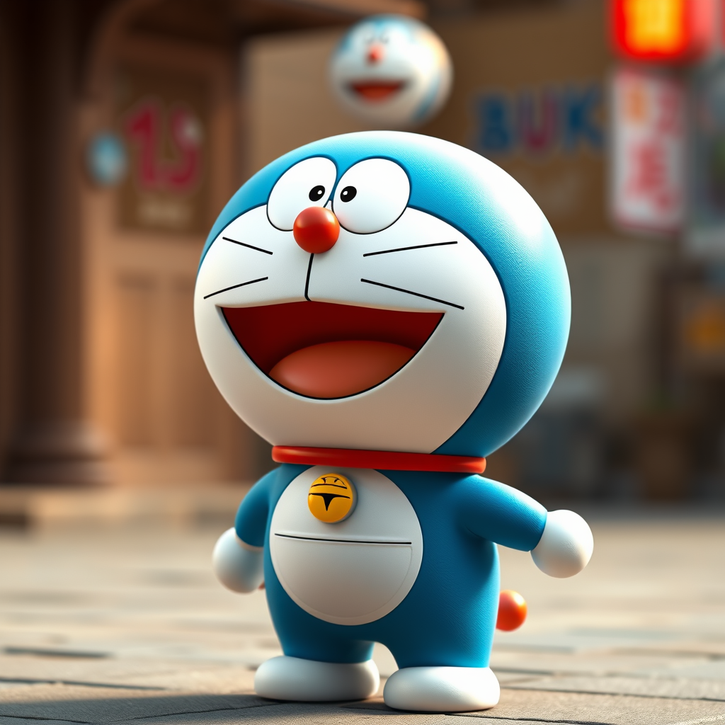 Pixar style, mouth open smiling Doraemon, standing, hyper-realistic camera style, lifelike details, high-resolution texture, vivid colors, sharp focus, natural lighting, photorealistic quality, cinematic depth of field, true-to-life portrayal, full body, doraemon2 style. - Image