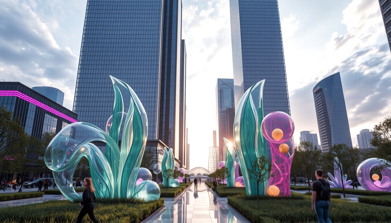 A futuristic city park with glass sculptures and interactive installations. - Image