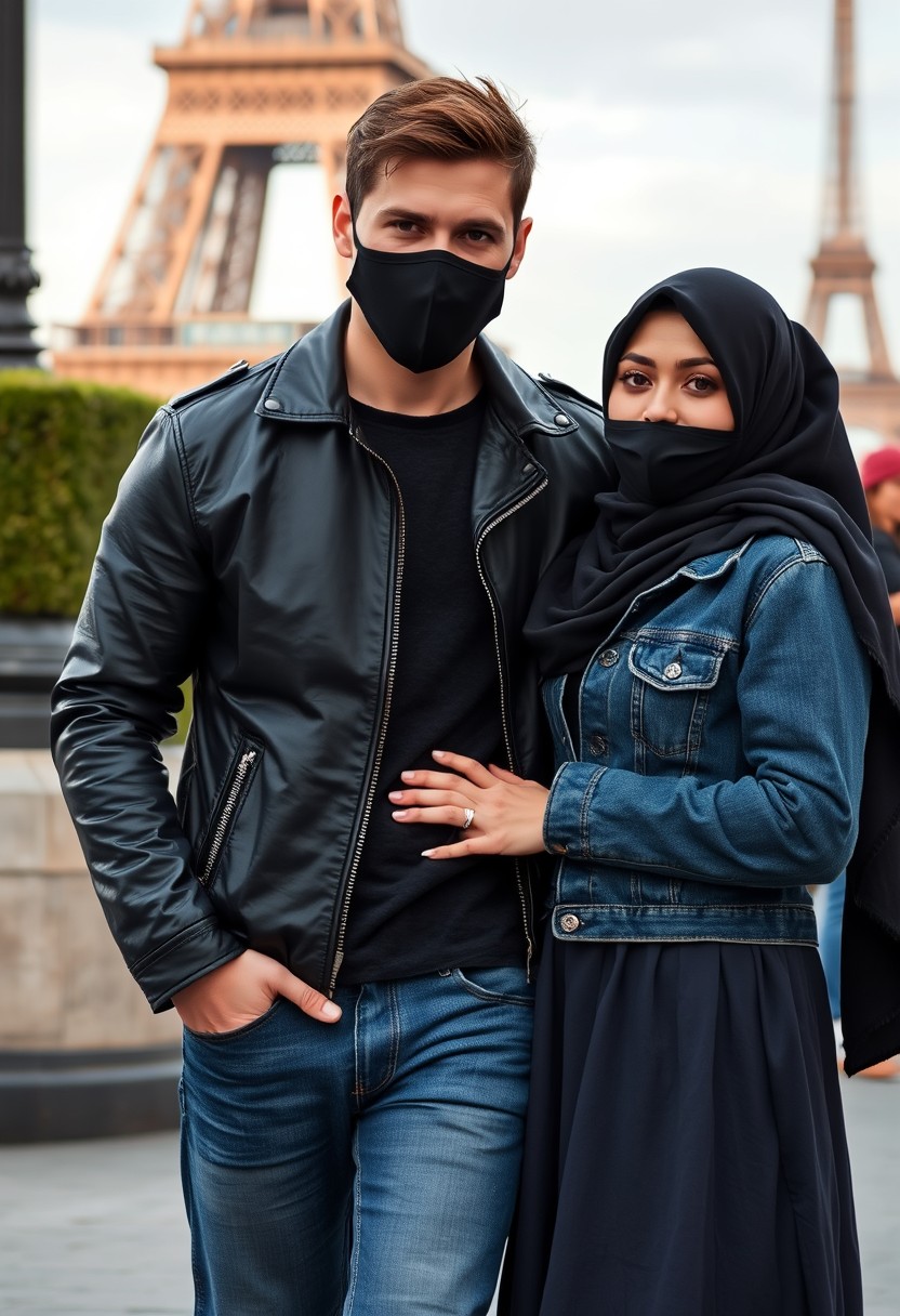 Jamie Dornan, handsome, black face mask, black leather jacket, jeans, dating, love couple with the biggest hijab Muslim girl, beautiful eyes, black face mask, jeans jacket, biggest skirt, wedding rings, Eiffel Tower, realistic, street photography. - Image