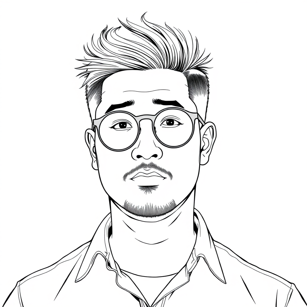 A cool line drawing of a man around 35 years old, with fresh short hair, Asian descent, wearing round-frame sunglasses, a slightly short beard on his chin, dressed in a shirt, with a full face, clean and refreshing skin, and a slightly plump physique. - Image