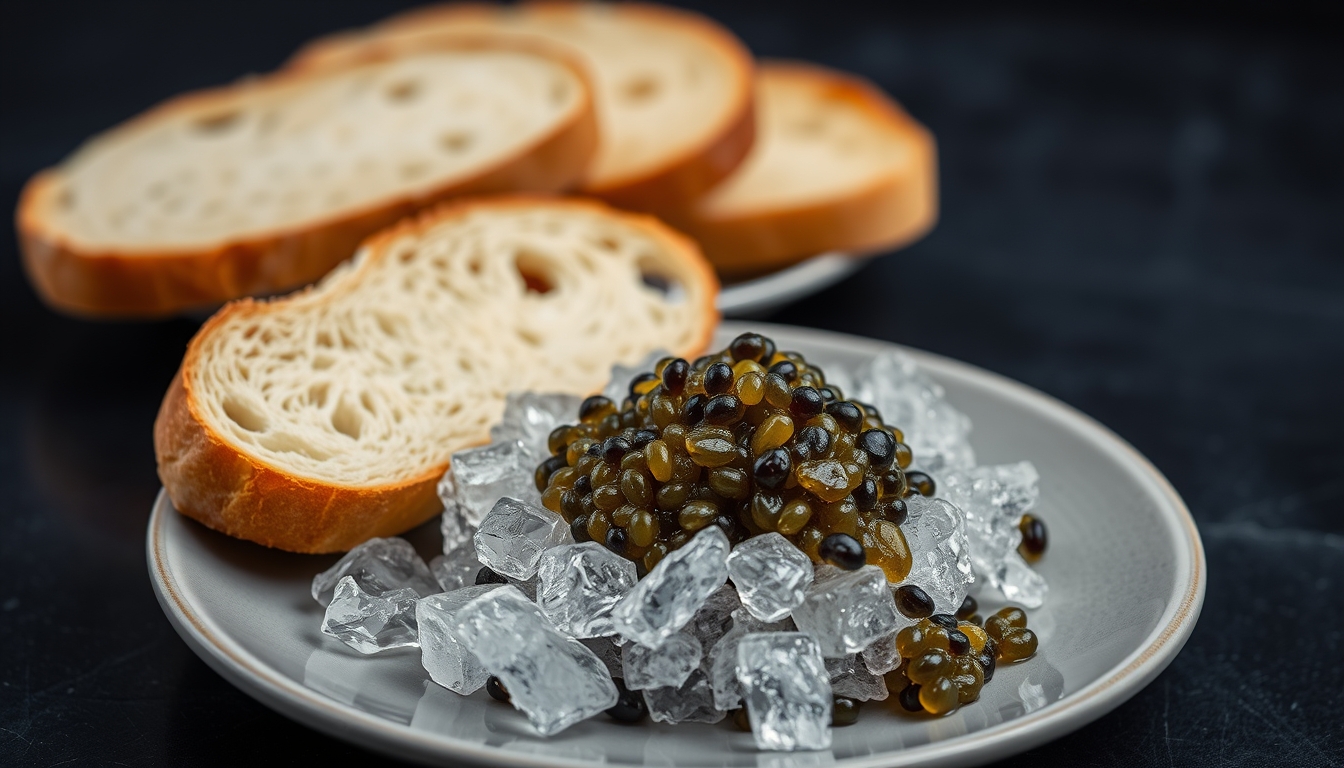 Pike caviar on ice with toast on a plate against a dark background.