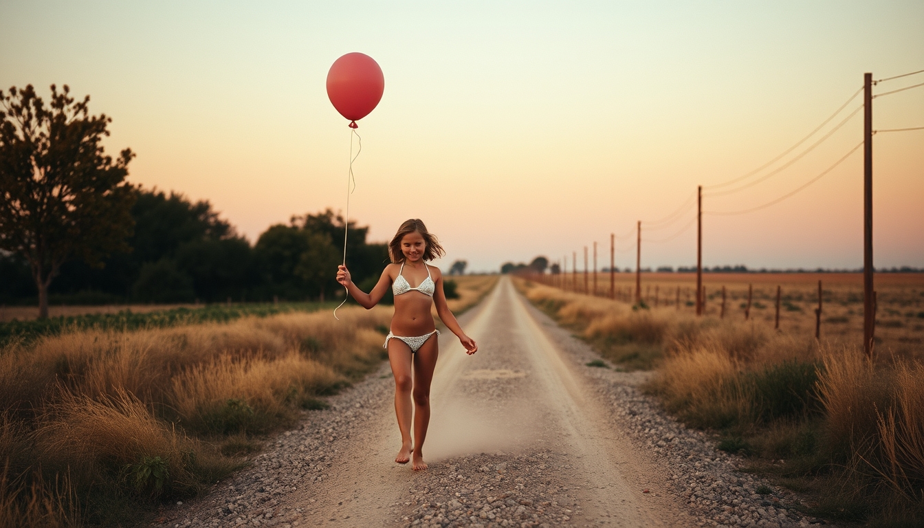 A bikini girl carrying a balloon walking a dusty gravel county road