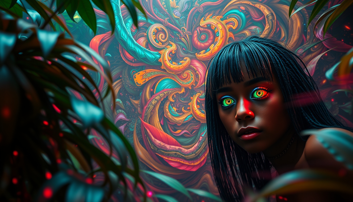 The scene shifts to an abstract visual, where the jungle around them morphs into a swirling mix of colors and patterns. Leaves turn into fractals, and the characters’ eyes widen, reflecting neon hues. The atmosphere grows intense as reality blurs. Surreal and vivid, combining the raw, untamed beauty of the Amazon Jungle with otherworldly psychedelic visuals and futuristic, neon-lit cyberpunk elements. - Image