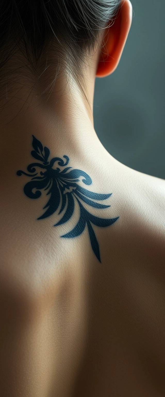 Close-up view of the tattooed back neck of a muscular Indian-Korean woman with white skin. - Image