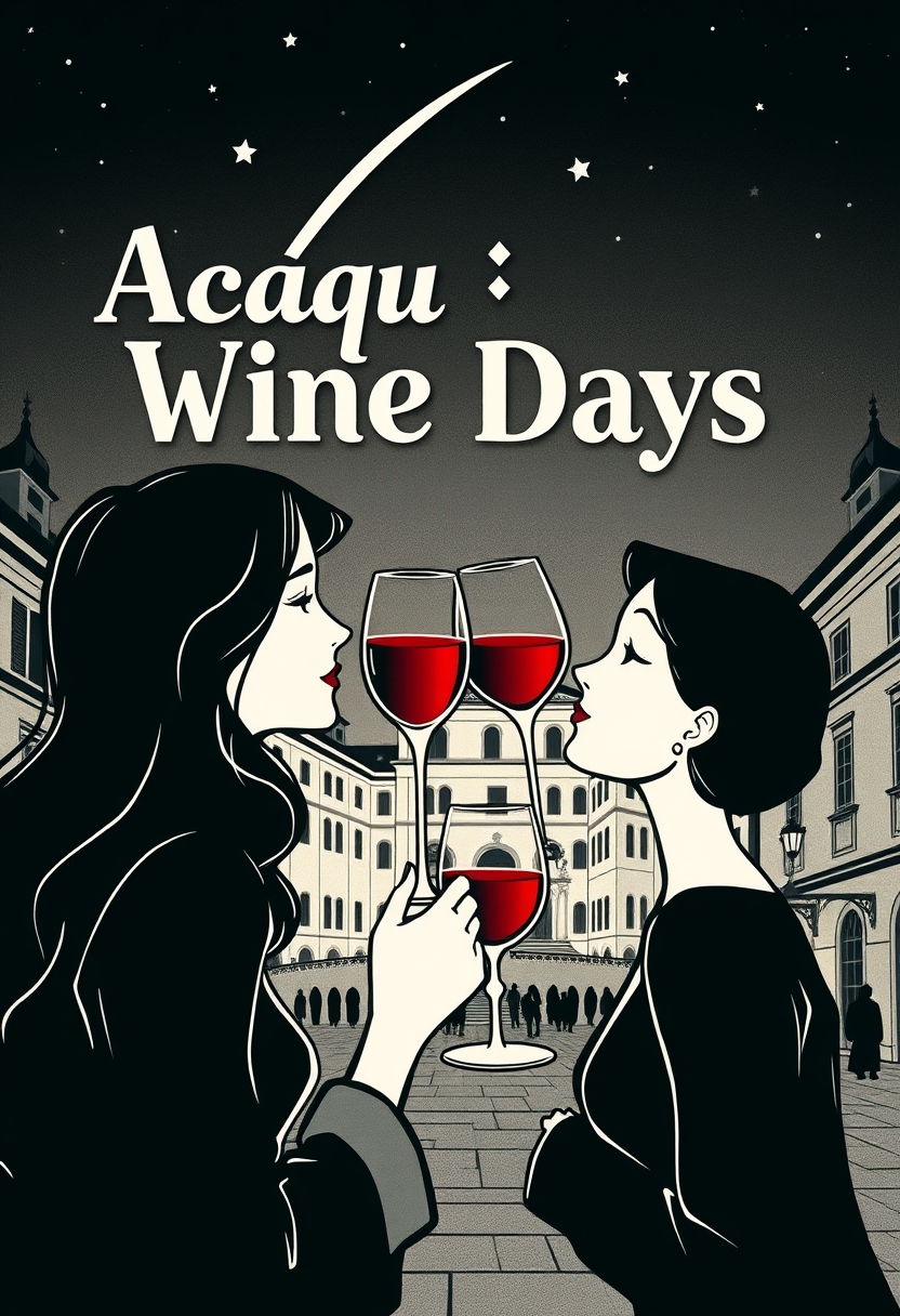 Art Nouveau mixed manga style image, in black and white, of a couple toasting with a glass of wine in a stemmed glass. It is night, there are stars including a comet. The wine is colored red. In the background, an Italian square, in perspective. At the top, in the center of the image, there is the writing "Acqui Wine Days" in Art Nouveau font. - Image