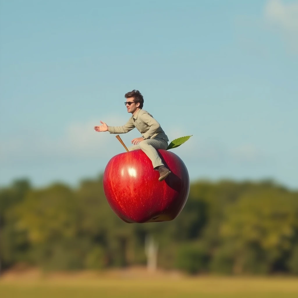 A man rides an apple while flying. - Image