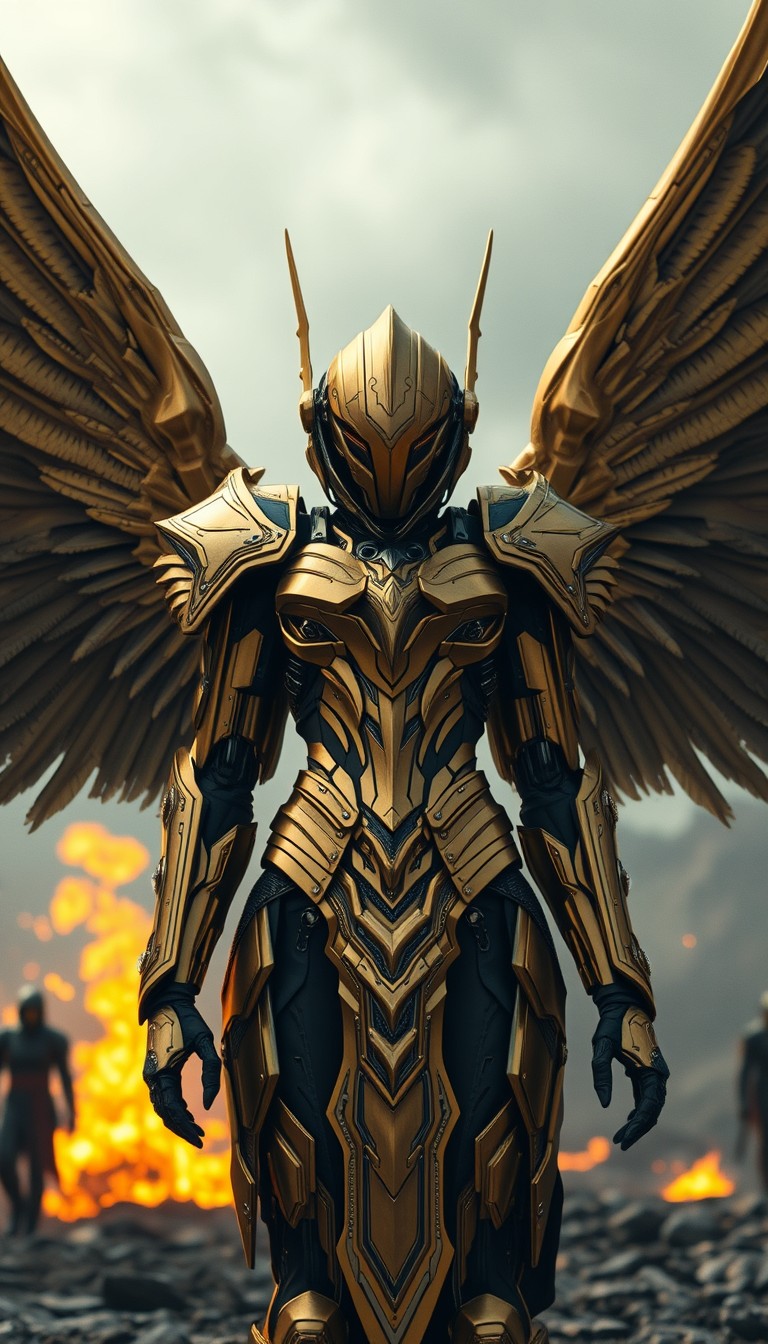 Cinematic shot of a cyborg female battle angel rising from ashes, golden regal Valkyrie armor, full smooth helmet, futuristic, standing on a battlefield, movie scene, film grain, realistic, shot from below, image for a flyer.