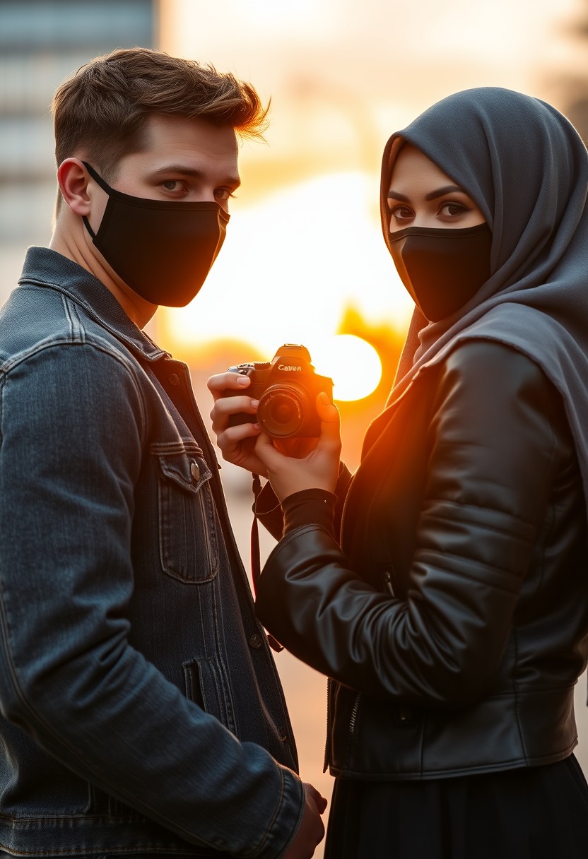 Jamie Dornan's head and body shot, handsome, face mask black, jeans jacket, jeans, dating, love couple, with the biggest grey hijab Muslim girl, face mask black, beautiful eyes, black leather jacket, biggest skirt, taking picture, camera DSLR Canon, sunset, hyper realistic, street photography.