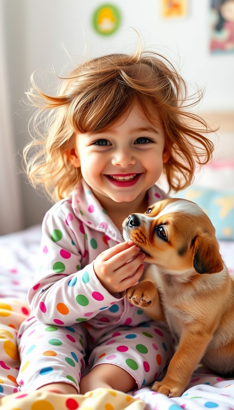 A 3-year-old girl with a wide smile is wearing pajamas; her caramel wispy hair plays with the backlight. Vibrant colors surround her as a cute puppy attempts to lick her hand, both sitting on a bed in a room.