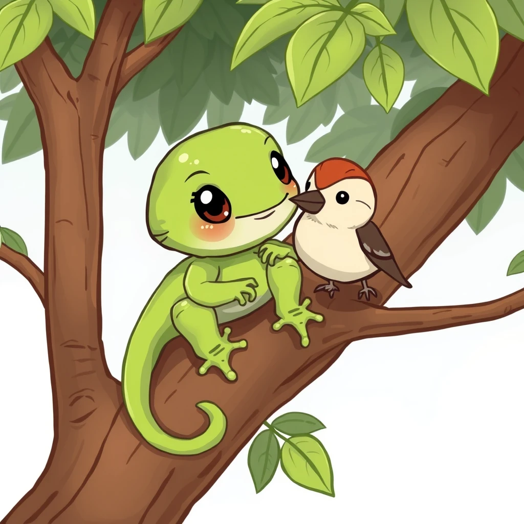 "Draw a cute cartoon-style image of a kind and cute baby lizard resting on a tree with its friend, a sparrow." - Image