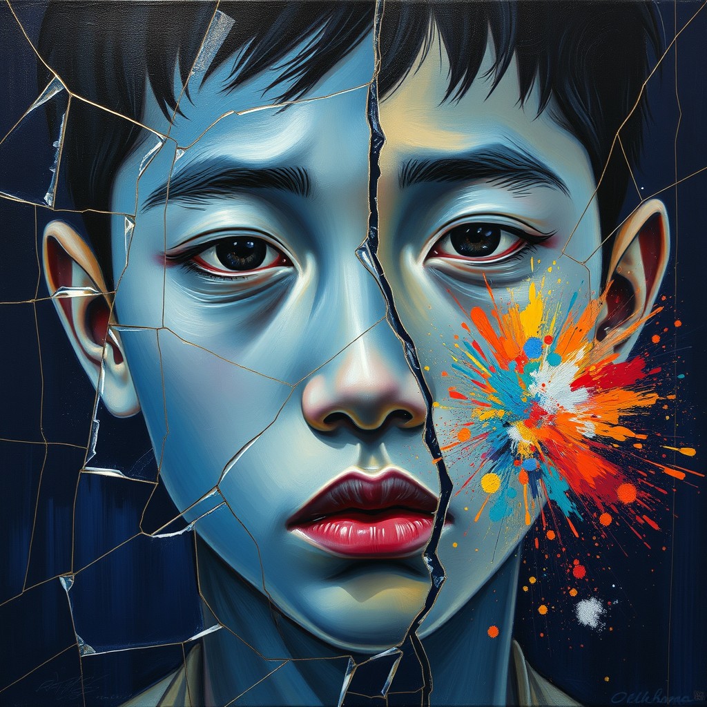 It's an oil painting in the style of Picasso, close up, a beautiful Asian boy with blue skin and a broken face, surrounded by glass breakage and gold lines on a dark blue background, with a colorful explosion from the spillage of powder.