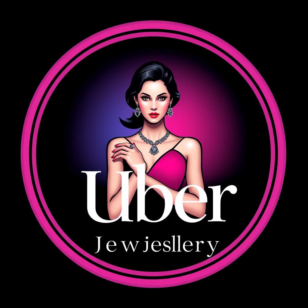 "Stylized logo photo of a jewelry design company, featuring a woman holding jewelry, with a pink and blue background, the woman in a poised stance, centered and symmetric, set against a dark background, illuminated with soft light, front-facing angle, high-resolution and clear, with the text 'Uber Jewelry Designs' perfectly aligned."