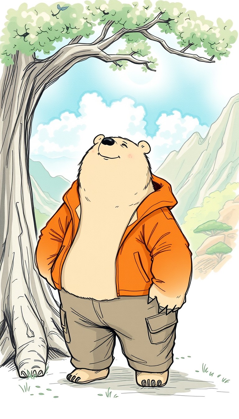 Rough sketch, anthropomorphic bear, comfortably standing by the base of a magical tree. Wearing a pair of well-worn cargo pants and a cozy orange jacket. Expression of quiet contemplation, with a gentle smile. Face and body looking at a beautiful majestic landscape. Thick fat neck tufts, multiple fat folds. Studio Ghibli style art, sharp, very detailed, high resolution, inspired by Hayao Miyazaki, anime, art from Ghibli movie. - Image