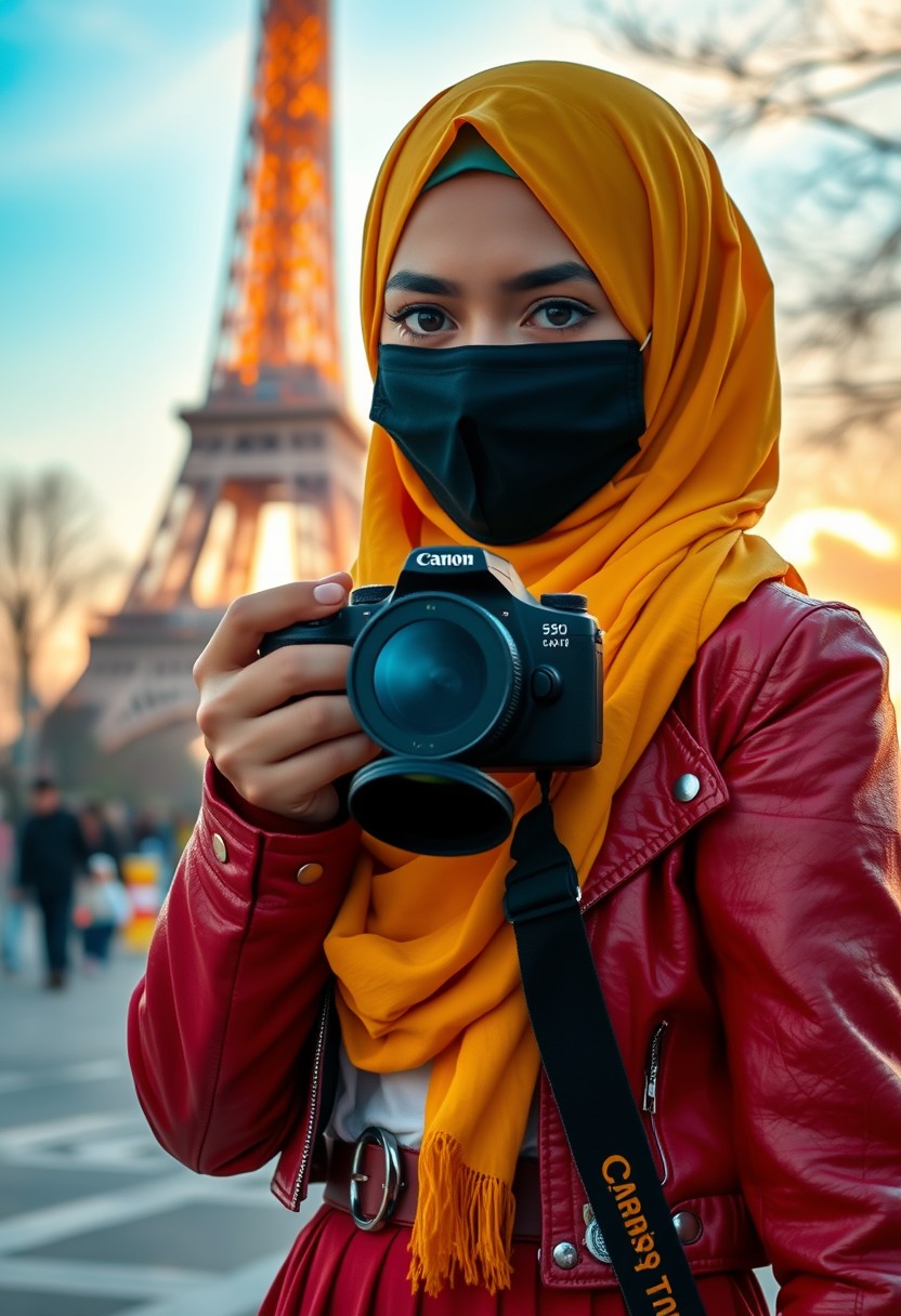 Biggest hijab yellow Muslim girl, beautiful eyes, face mask black, red leather jacket, biggest skirt, holding DSLR Canon camera, sunrise, morning scenery, Eiffel Tower, hyper-realistic, street photography.