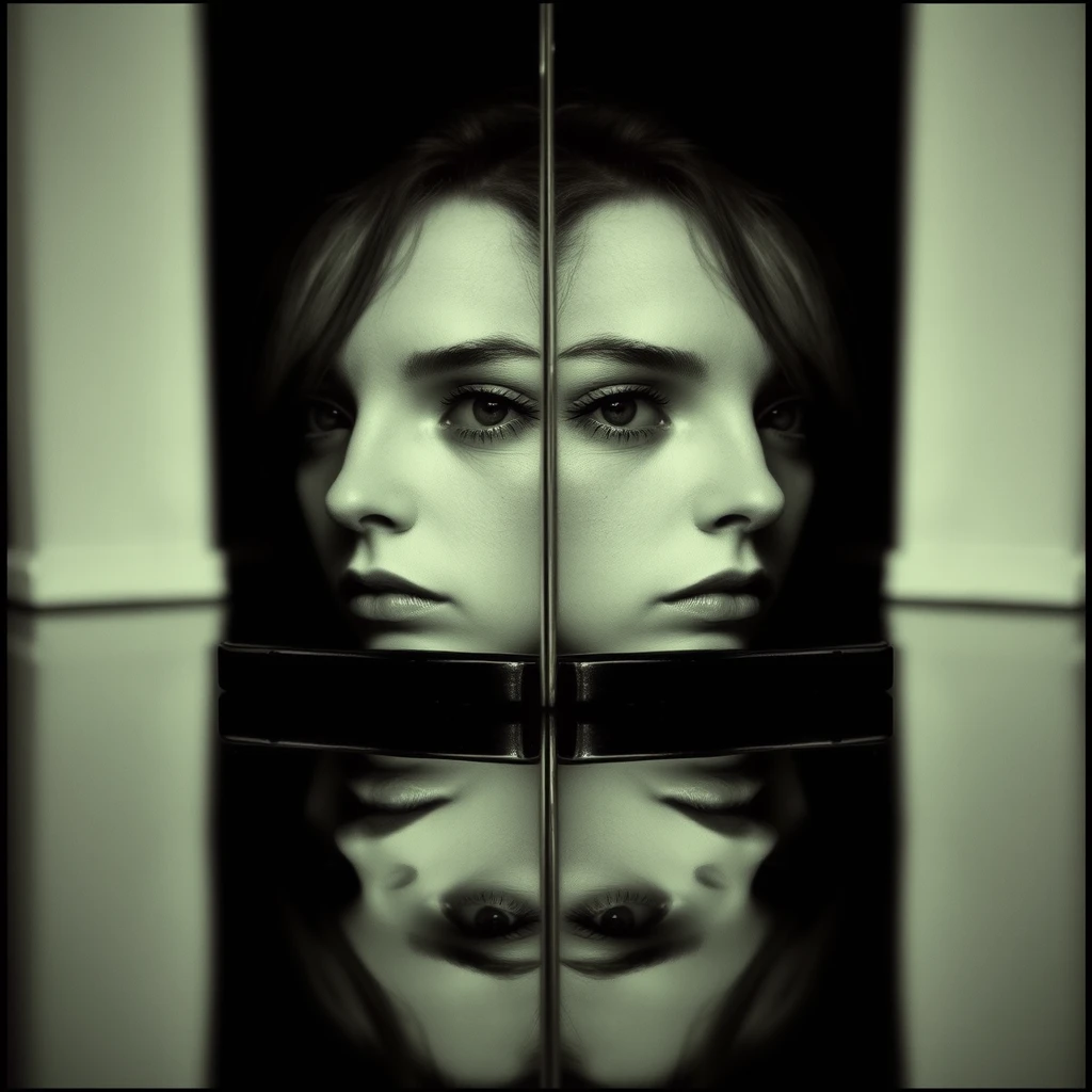 'face reflection in mirror photography. [SYMMETRICAL BALANCE] composition, monochrome'