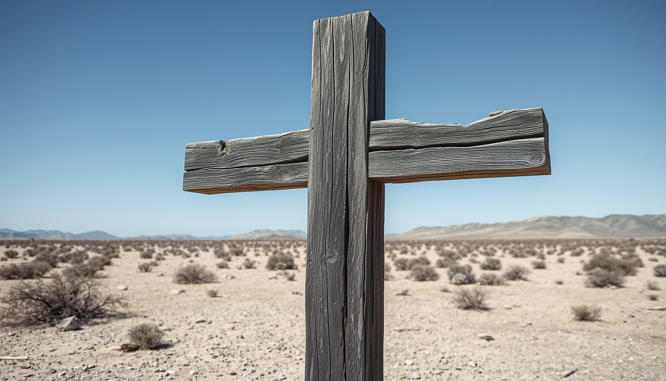 A cross made of wooden planks where the wood is crumbling away with signs of bad wet rot and dry rot. The cross is standing in a barren desert landscape. The overall feel is depressing and desolate. - Image