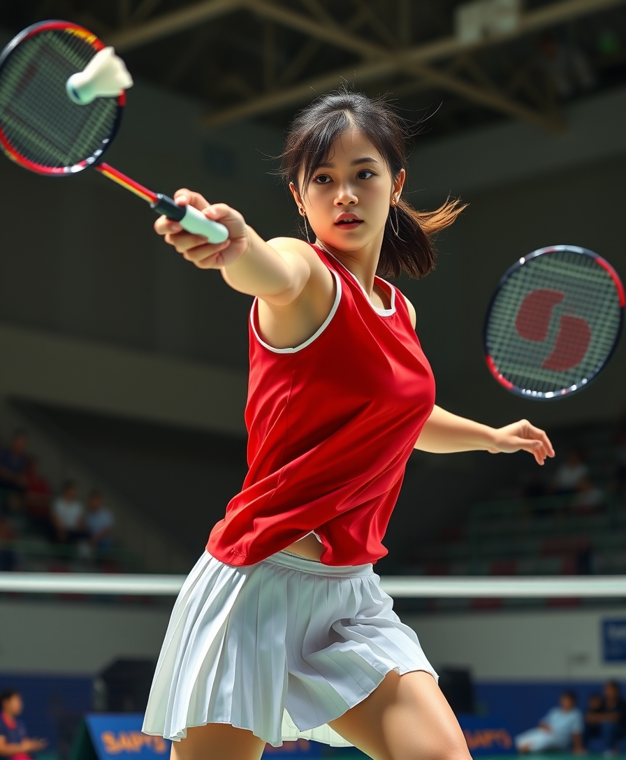 A detailed, realistic portrait of a young woman playing badminton in an indoor sports arena. The woman is wearing a bright red jersey and is mid-swing, her body in a dynamic, athletic pose as she focuses intently on the shuttlecock. The background is blurred, with glimpses of the court, net, and spectator stands visible. The lighting is natural and directional, creating shadows and highlights that accentuate the woman's features and muscular definition. The overall composition conveys a sense of energy, movement, and the intensity of the game. The image is highly detailed, with a photorealistic quality that captures the textures of the woman's clothing, skin, and the badminton equipment.
A woman with a beautiful face like a Japanese idol, she is wearing a white pleated skirt.

Badminton rackets and shuttlecocks with dynamic swings and motion blur
Depiction of the human body with a flawless personality. - Image