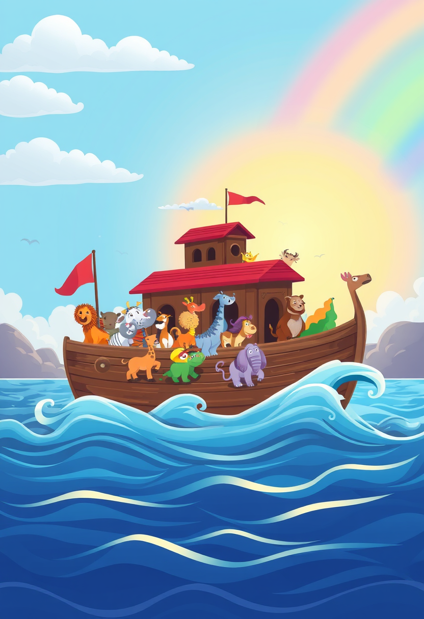 Create a colorful illustration of Noah's Ark, filled with various animals, floating on a gentle sea under a bright rainbow.