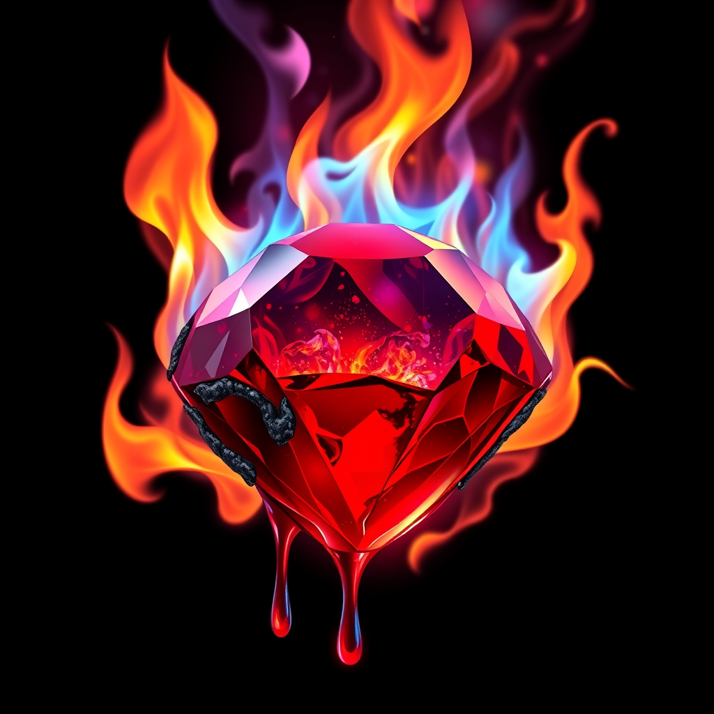 A tee shirt design of a beautiful ruby on fire with beautiful liquid red ruby dripping with flames. The ruby has black char all over it and subtle colorful embers burning in the ruby. Inside of the ruby should be reminiscent of beautiful galaxies perfectly blended with chaos. Striking and otherworldly on a transparent background, the flames should have an outline of a beautiful blue ethereal glow. - Image