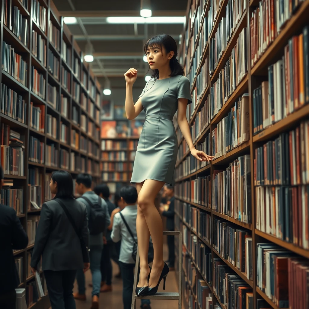 A young Japanese woman wearing a stylish dress and black high heels, with very pale skin, is looking for books in a library. She is standing on a ladder searching for books. There are many people in the library.