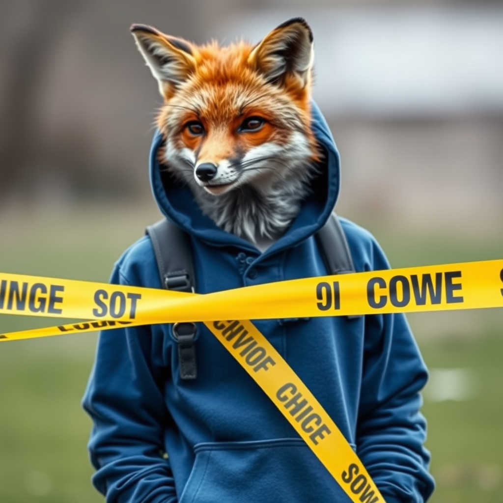 A fox in a blue hoodie securing a crime scene with caution tape.