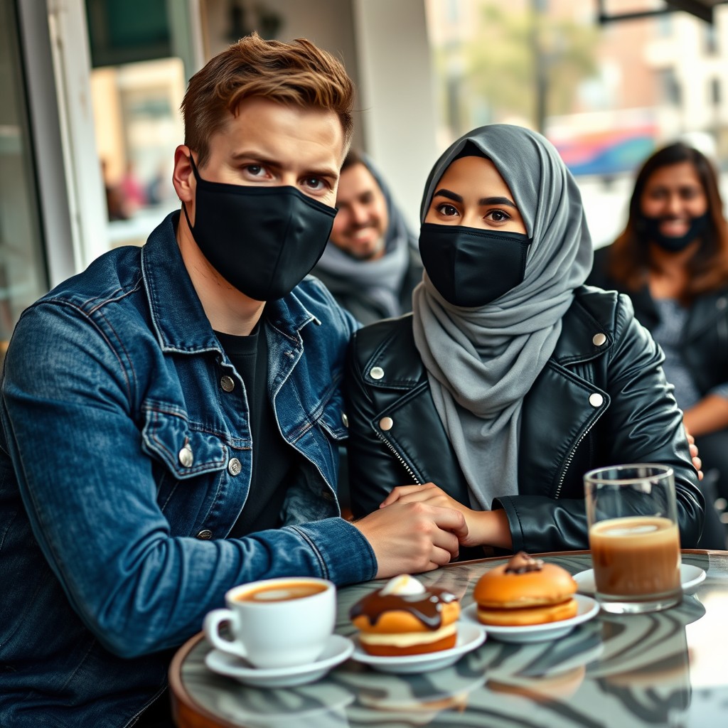 Jamie Dornan's head and body shot, handsome, face mask black, blue jeans jacket, jeans, dating love with a grey hijab Muslim girl, beautiful eyes, face mask black, black leather jacket, biggest zebra pattern skirt, at a cafe, 2 cups of latte, muffin cake, choco donut on a table, with another 3 friends smiling in the back, photorealistic, hyper-realistic, street photography, selfie. - Image