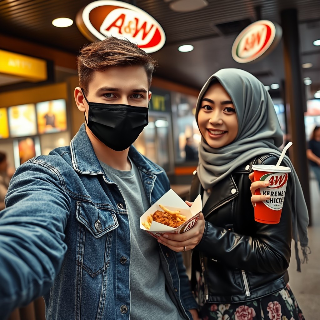 Jamie Dornan's head and body shot, handsome, young, face mask black, blue jeans jacket, jeans, dating love with grey hijab Muslim girl, beautiful eyes, face mask black, black leather jacket, biggest floral skirt, at A&W fast food restaurant, plate of Korean fried chicken, 2 cups of fries, soft drink A&W, photorealistic, hyper-realistic, street photography, selfie.