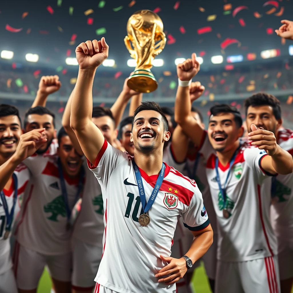 Create a picture of the Lebanon football team celebrating winning the World Cup with their star, a wonderkid who resembles Ronaldo but has Middle Eastern features, centering the picture and winning the MVP award. - Image