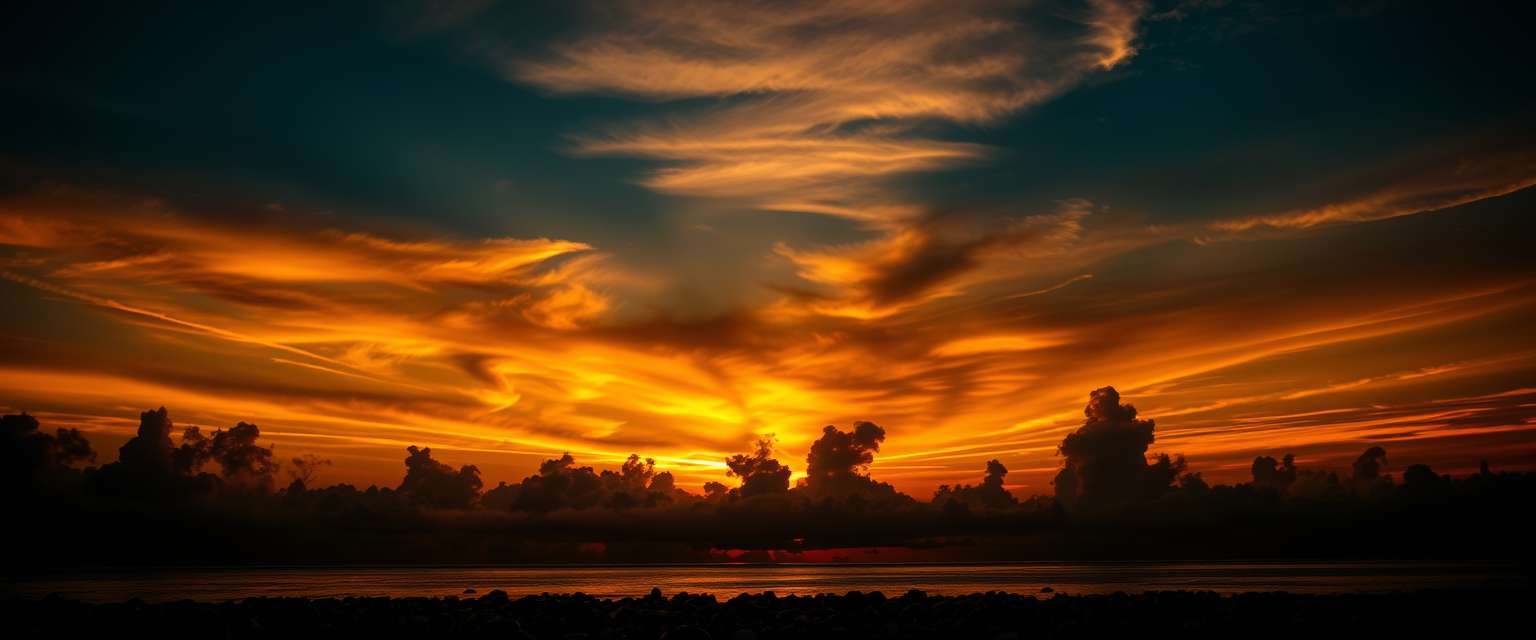 Dramatic, fiery sunset, clouds, high quality, photorealistic, evening sky, reflection, serene, seashells.