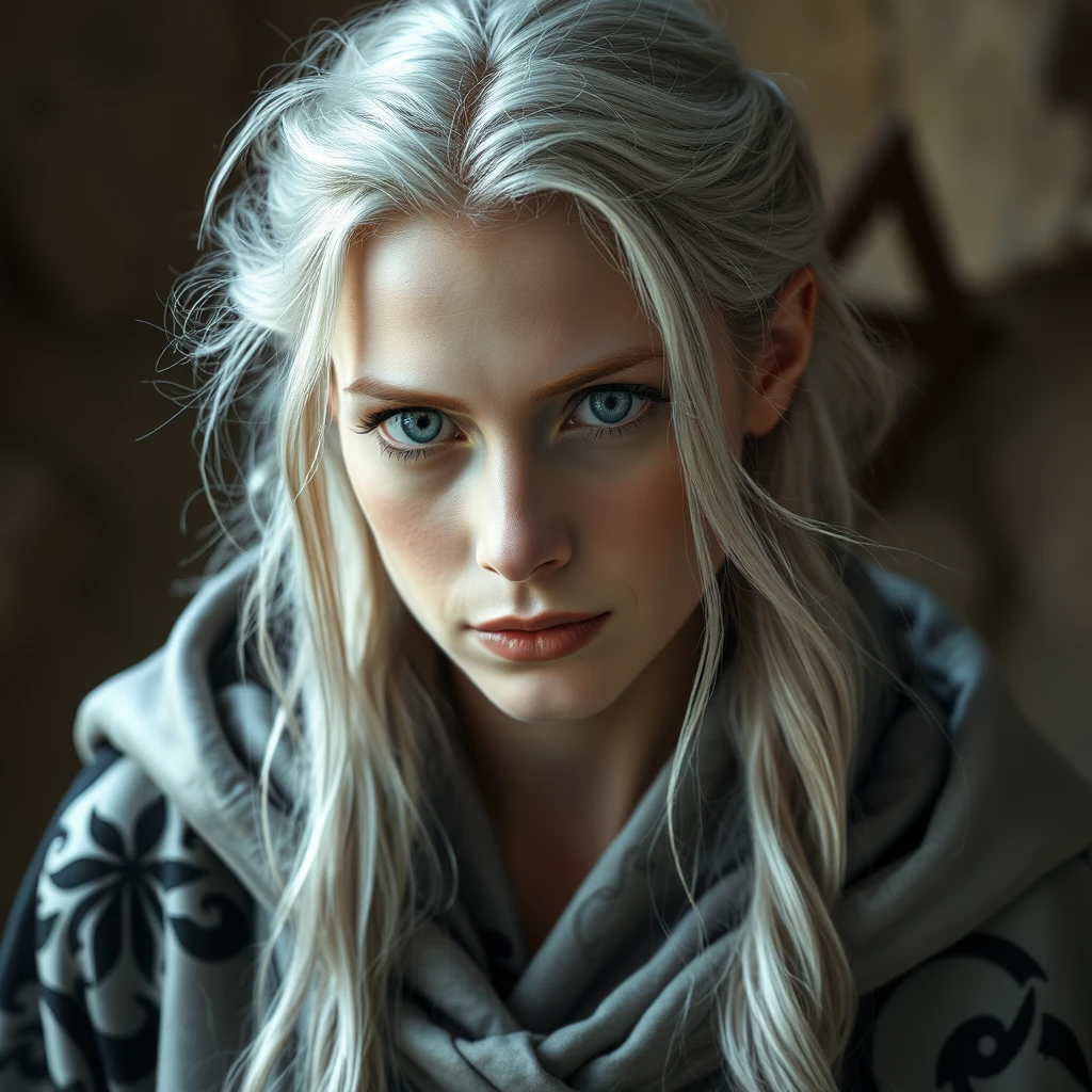 The silver-haired woman had gray almond-shaped eyes, a strange silvery robe with dark patterns, similar to elven rags from fantasy films, and silver hair that could be called gray if it did not sparkle like polished silverware. - Image