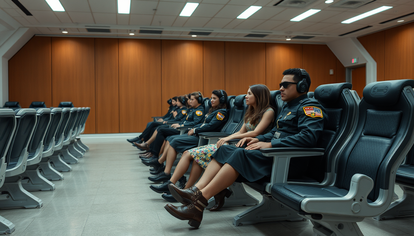 Room with several rows of sci-fi chairs, the people in military dresses sitting on some chairs.