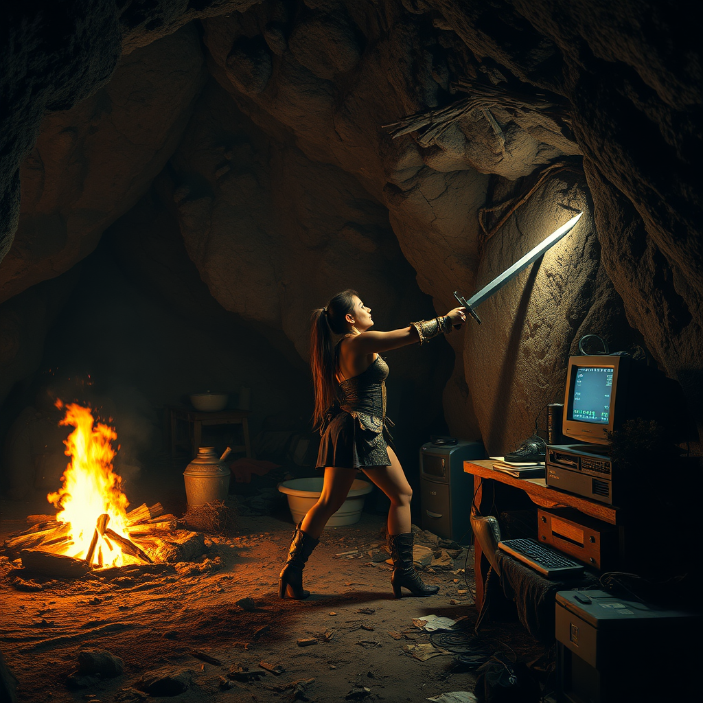 Real-life photography: At night, in the cave, there is a female barbarian using a sword to stab the wall. The cave is very large, with a bonfire, a 90s desktop computer, and some messy household items. - Image