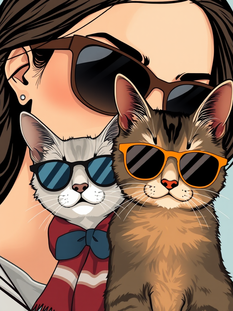 A modern illustration of a close up of a woman wearing big sunglasses and is holding a cat who also has sunnies and a scarf tied around its neck. - Image