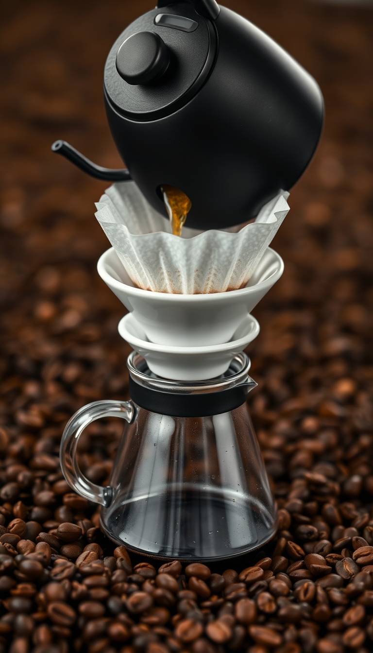 A black kettle pouring into a white dripper over a glass carafe, coffee field background, ultra-sharp.