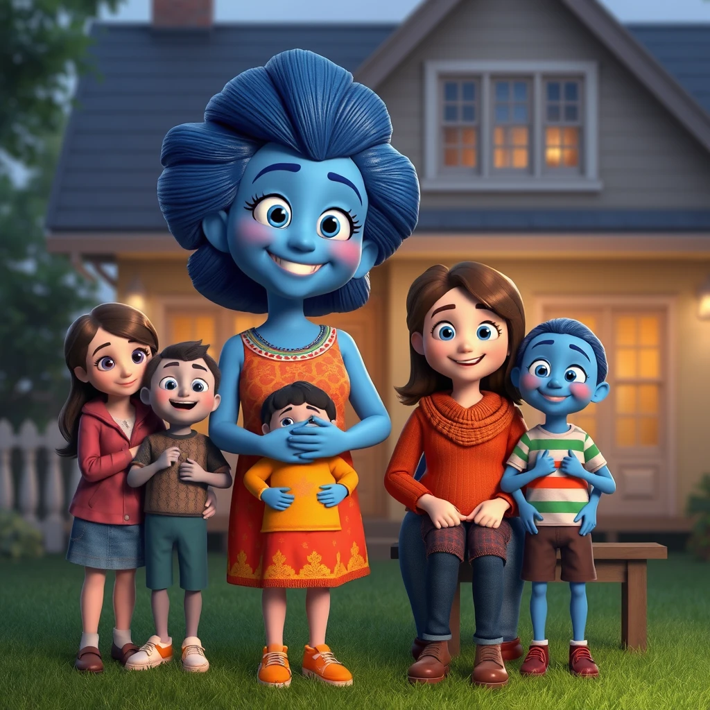 "Create an image of Bluey with all her family in a realistic human version, with a realistic background of the house where they live."