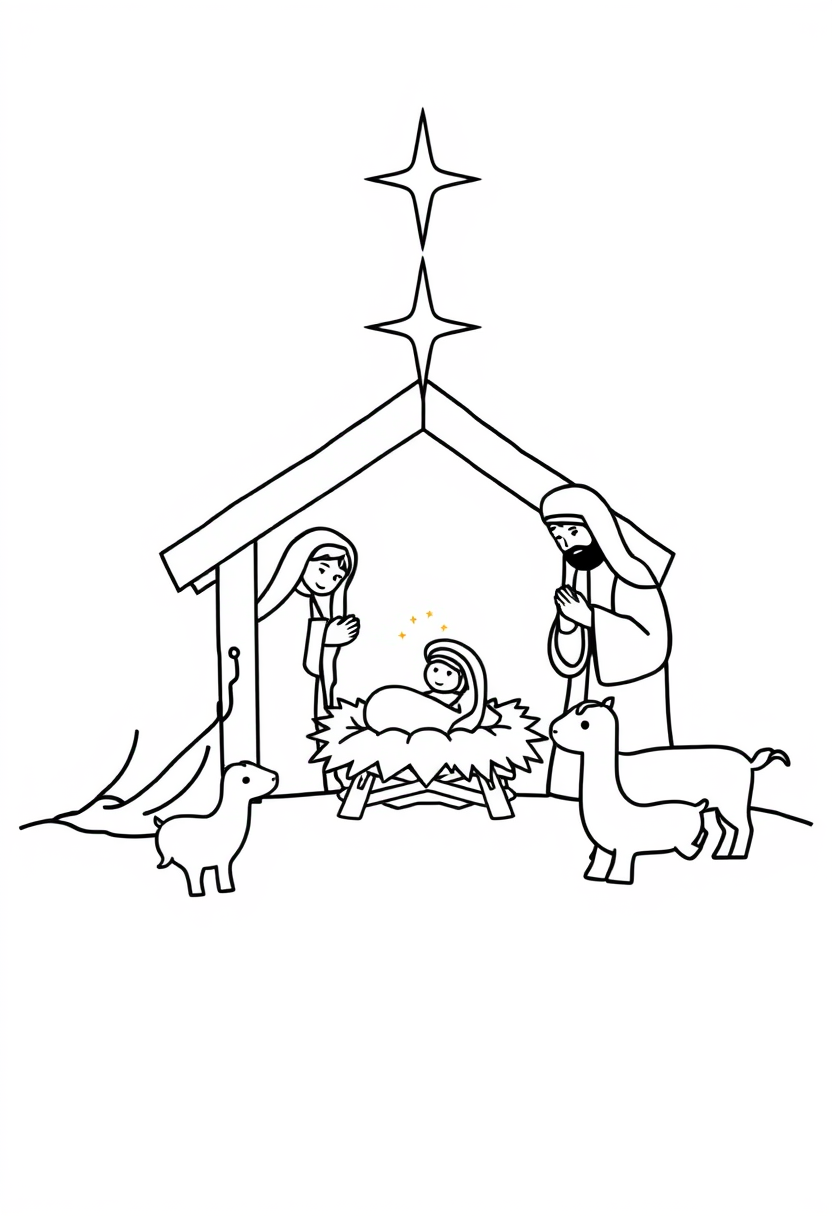 Coloring book page. Minimalist line drawing of the Nativity scene: A manger in the center with baby Jesus. Include Mary and Joseph on either side. Add simple farm animals and a star above. Use basic shapes and lines. Line art vector style, white background, black and white drawing, sharp black lines.